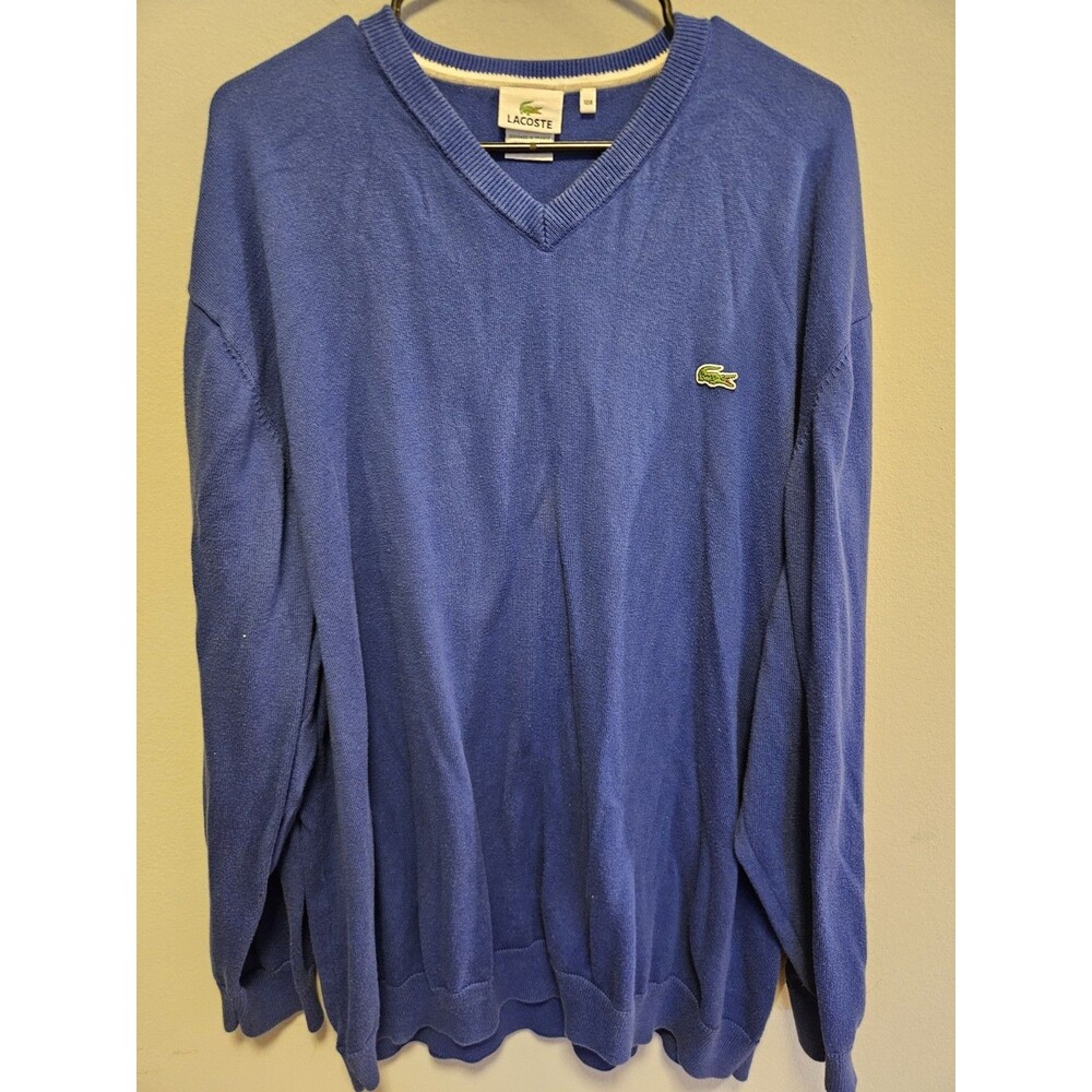 Lacoste V-Neck Sweater Men’s 10R Blue Crocodile Logo Pullover Knit